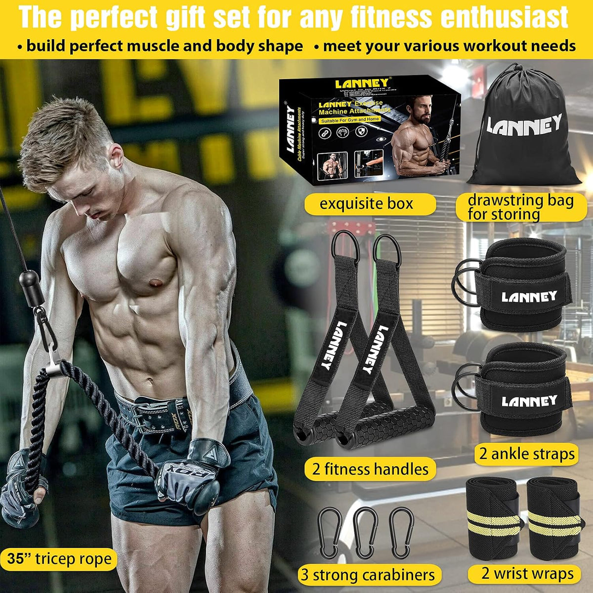 Tricep Rope Cable Machine Attachment, 35" Triceps Pull down Rope LAT Pulldown Attachments, Home Gym Accessories Set with Resistance Bands Handle, Ankle Straps, Carabiner, Wrist Wraps for Exercise