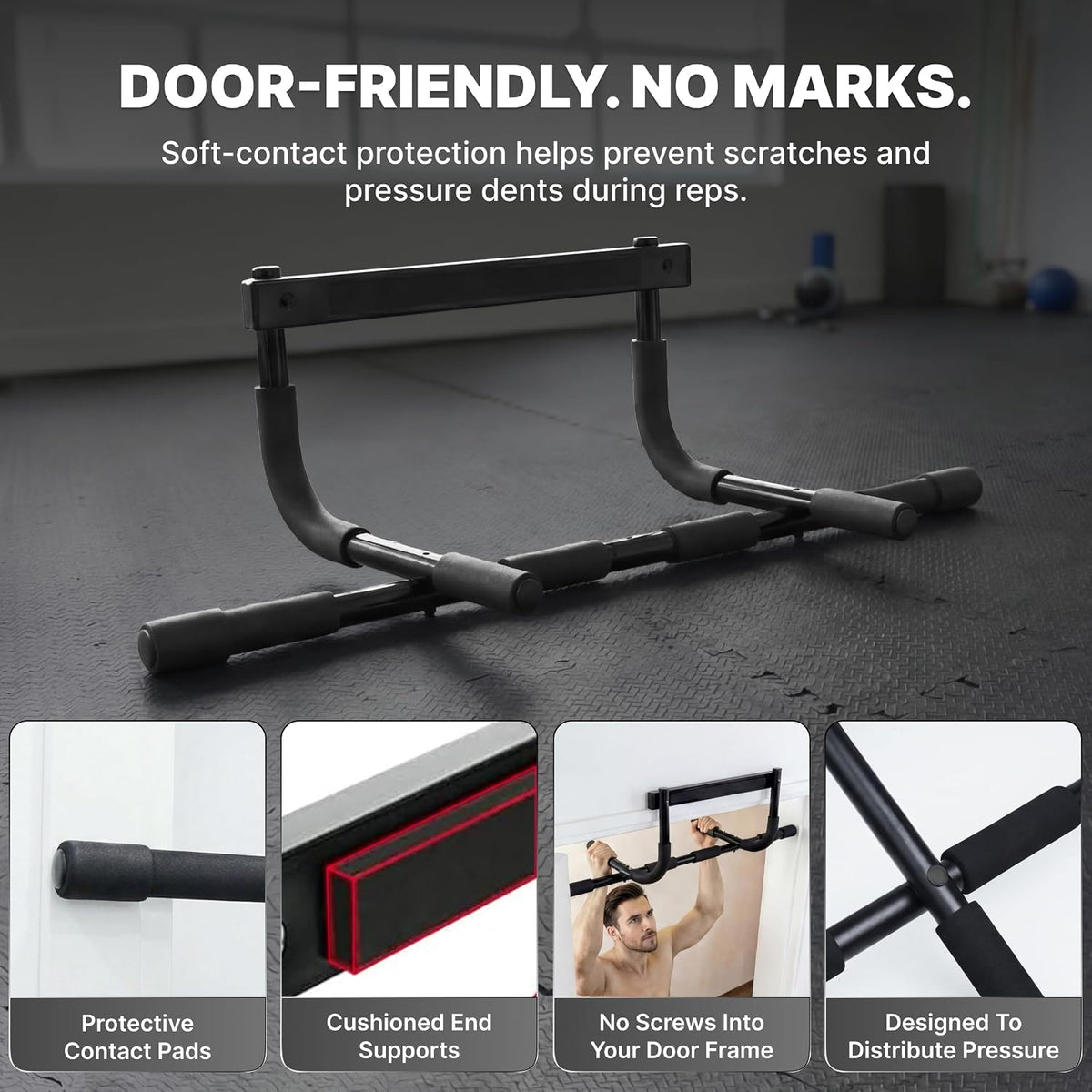 Pull up Bar for Doorway - No Screwing or Slipping, Hanging Pullup & Chin up Bar for Door Frame - Multi Padded Grips for Strength Training with Installation Guide