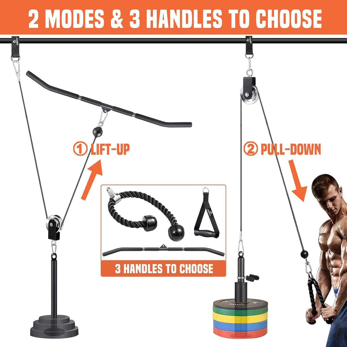Cable Pulley System Gym, Power Rack Pulley Attachment with 2-In-1 LAT Pull down Bar and Upgraded Loading Pin,Used for Triceps Pulldown, Biceps, Back, Shoulder