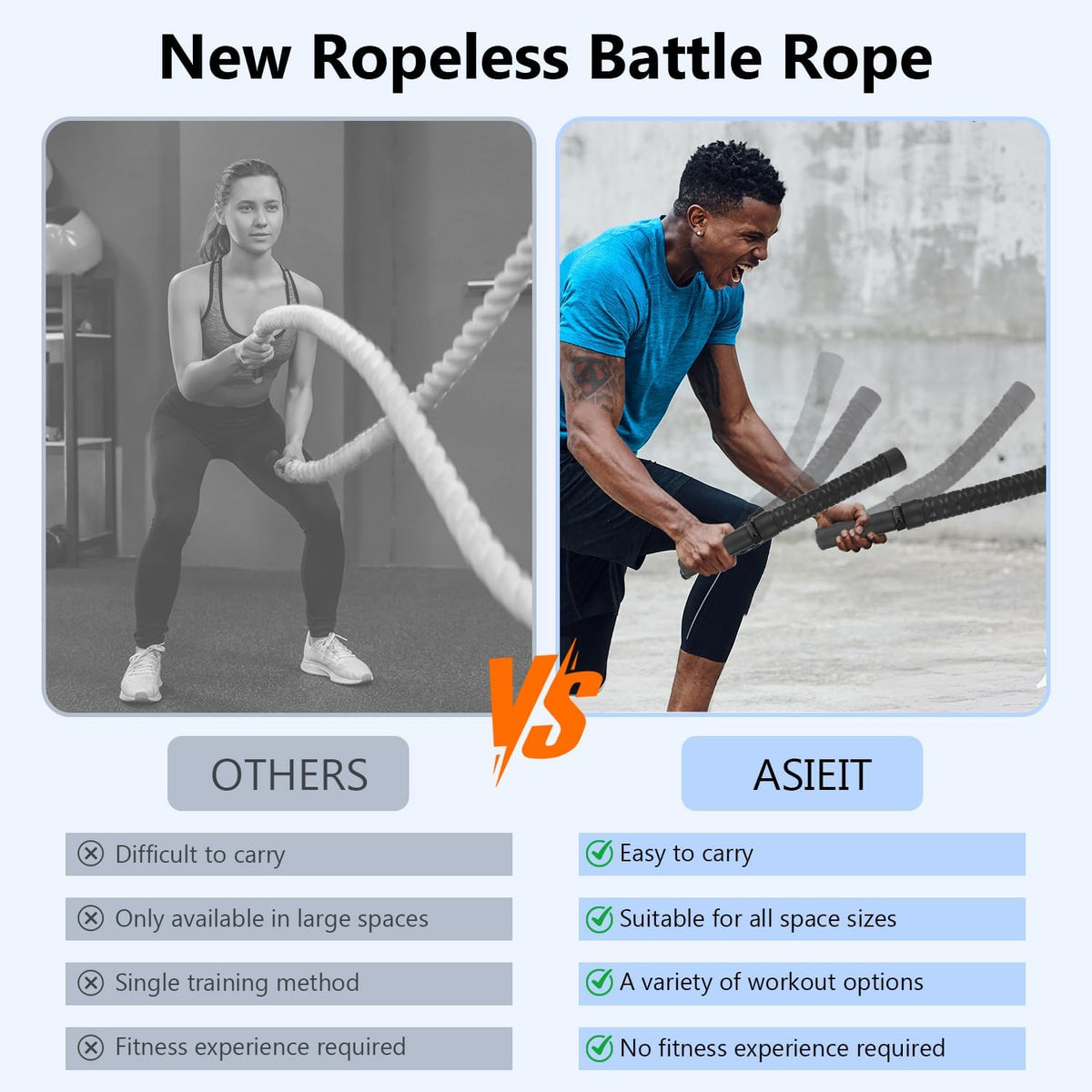 Upgraded Ropeless Battle Rope for Home Gym, Adjustable Weight Battle Ropes for Advanced Fitness Training, Portable Workout Ropes for Athletes, Boxers, Fitness Beginners, Burn Fat