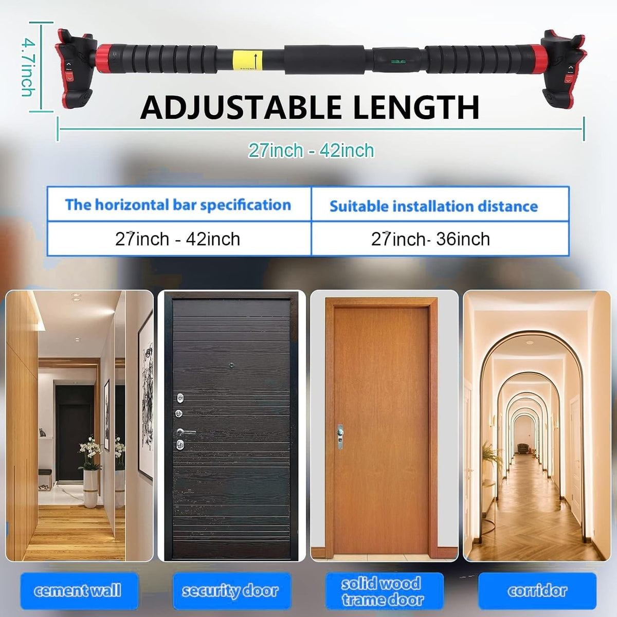 Pull-Up Bar,Chin up Bar for Doorways with Level Meter and Auto Lock,Adjustable Pull up Bar for Home Gym Strength Training and Upper Body Workout, No Screws Needed,Max Weight Capacity 400 Lbs