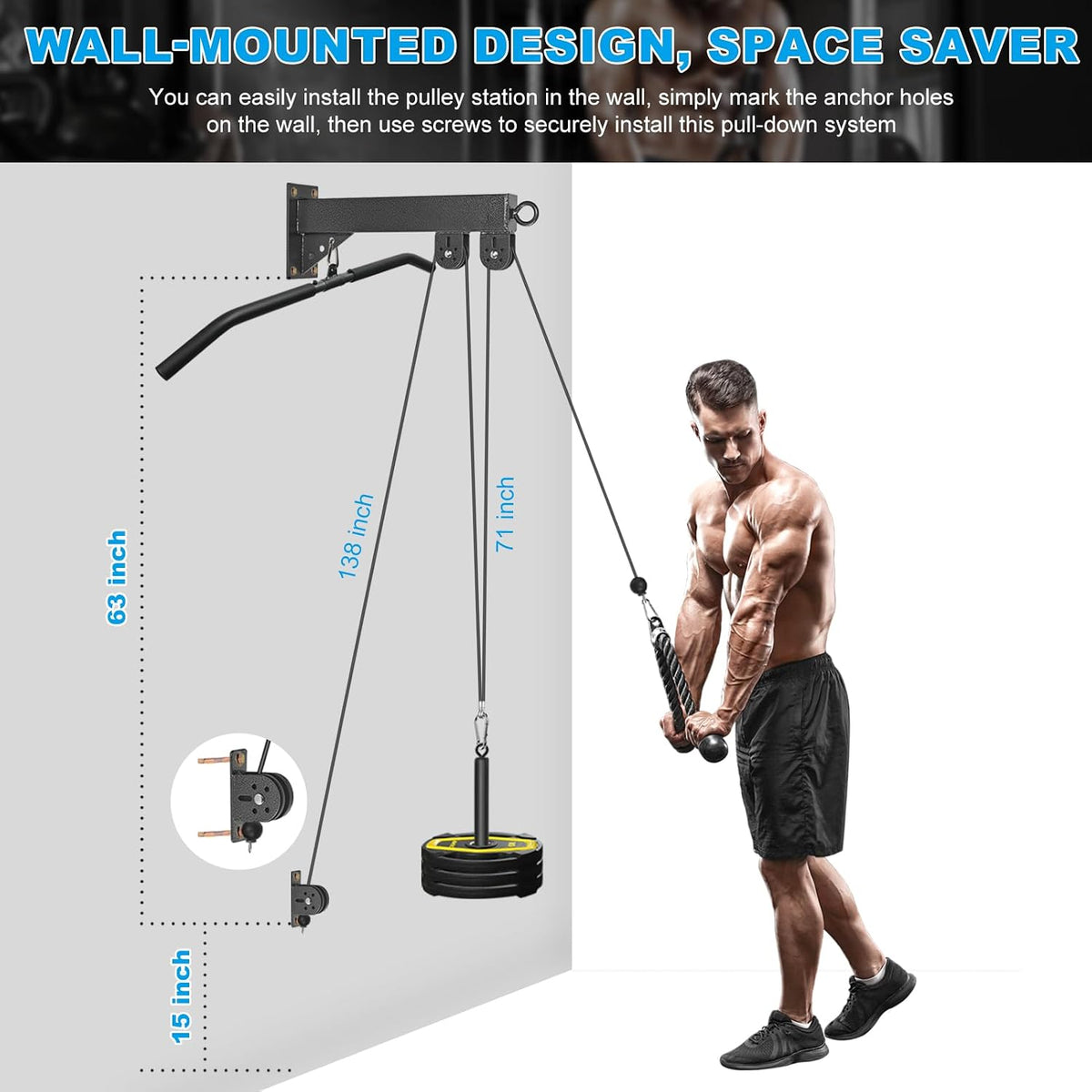 Wall Mounted Pulley System, Low Cable Machine Pulley System for LAT Pulldown, Biceps Curl Home Gym Equipment with Fitness Pull down Bar, Tricep Rope