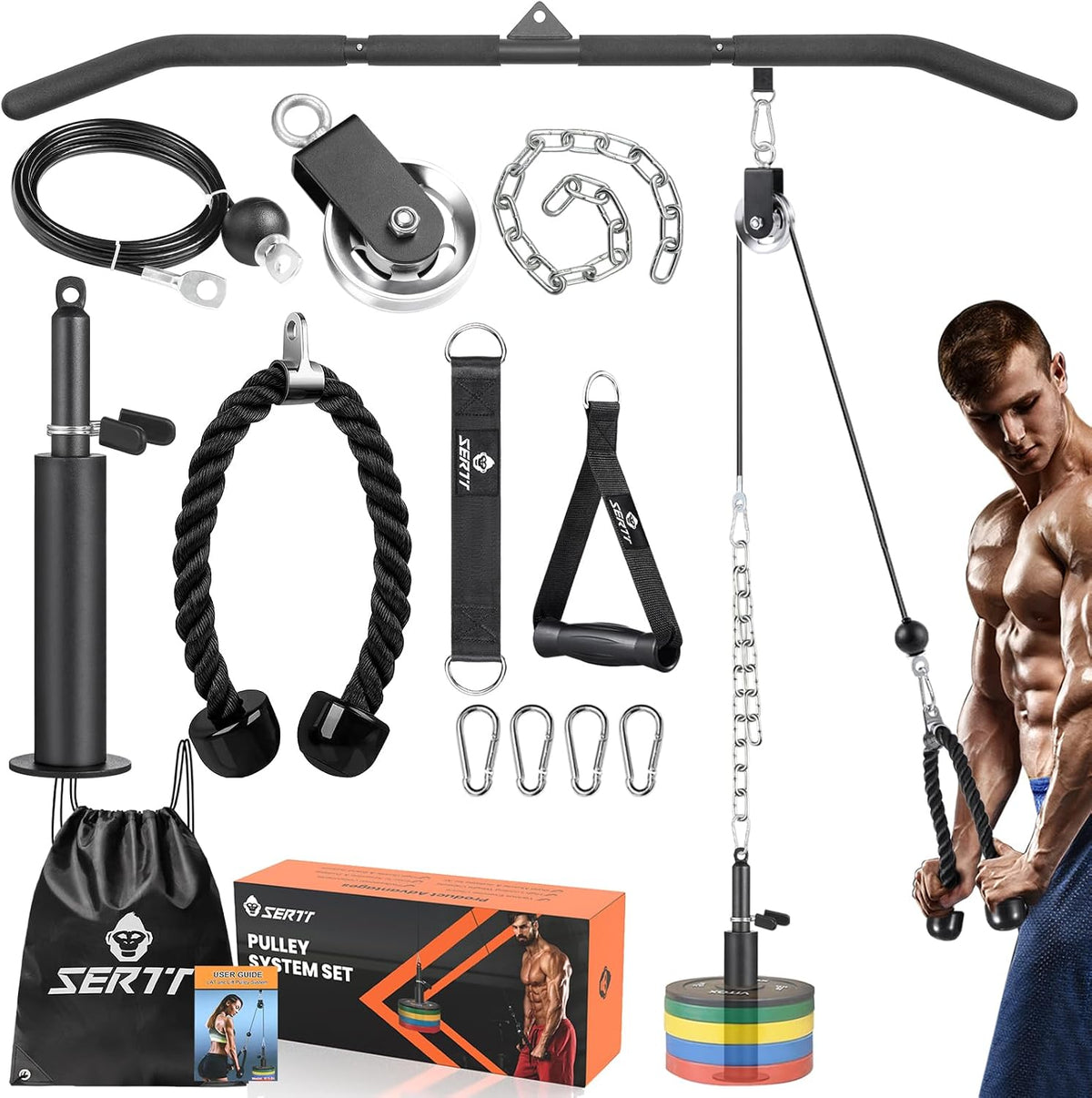 Cable Pulley System Gym, Power Rack Pulley Attachment with 2-In-1 LAT Pull down Bar and Upgraded Loading Pin,Used for Triceps Pulldown, Biceps, Back, Shoulder