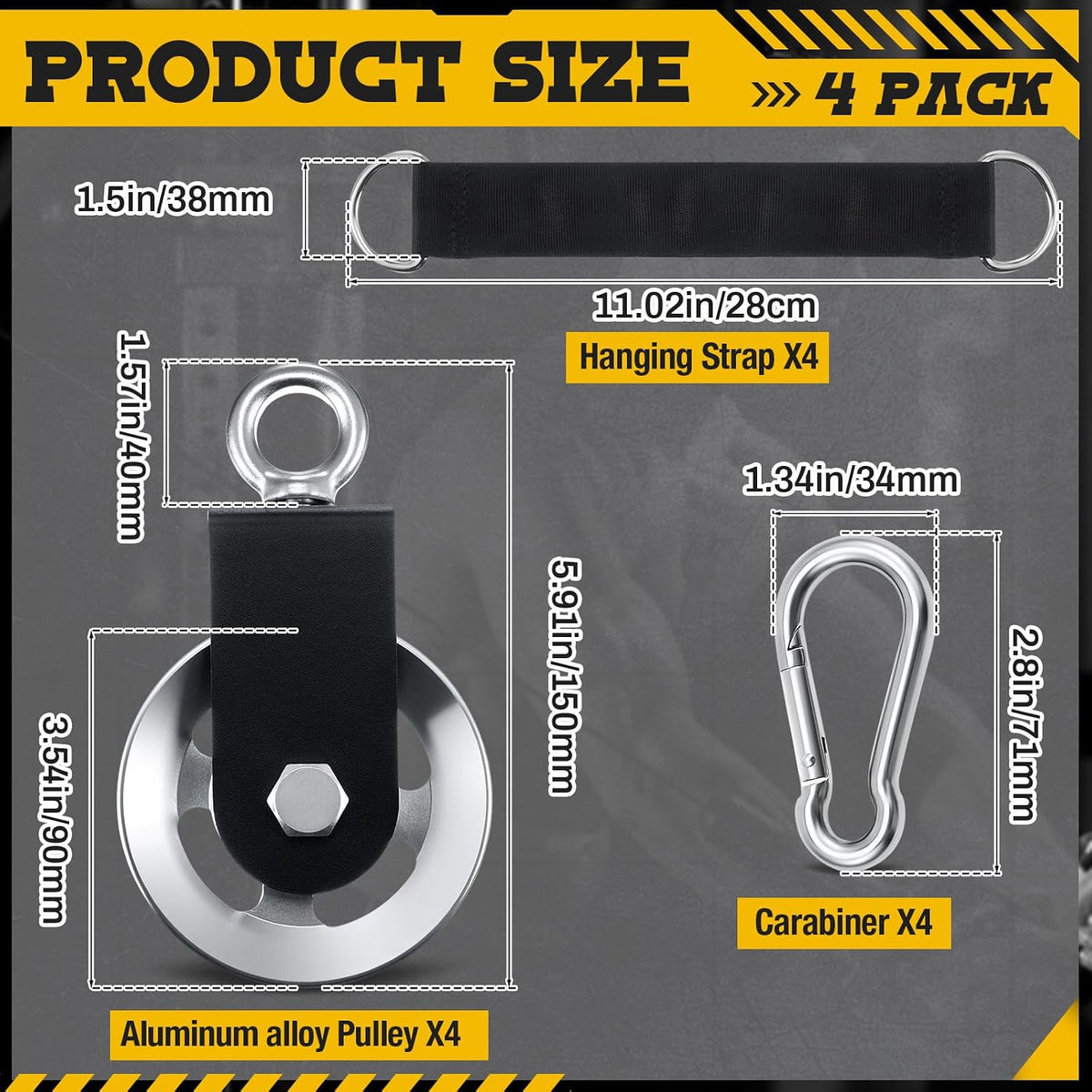 4 Pack Cable Pulley Wheel for Home Gym Pulley System Upgraded 90Mm Aluminium Alloy for Maximum 330Lbs Load 360° Rotation Snatch Block Wheel with Hanging Strap and Snap Hook