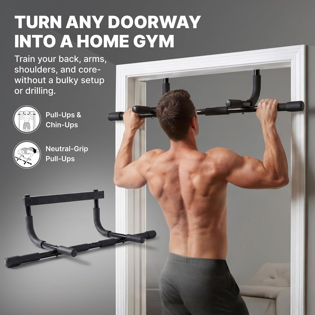 Pull up Bar for Doorway - No Screwing or Slipping, Hanging Pullup & Chin up Bar for Door Frame - Multi Padded Grips for Strength Training with Installation Guide