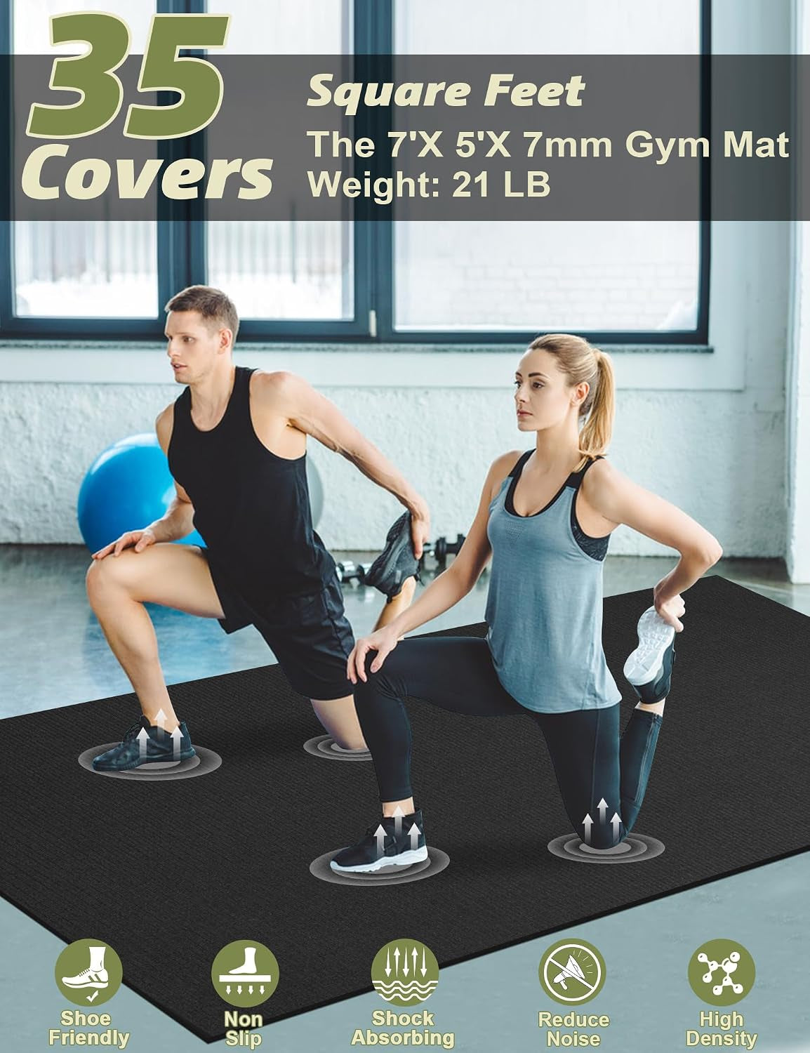 Large Exercise Mat 7'X5'/8'X6'/9'X6'/10'X6' Workout Mat Gym Flooring for Home Gym Mats Exercise Mats for Home Workout Thick Floor Mat for Fitness