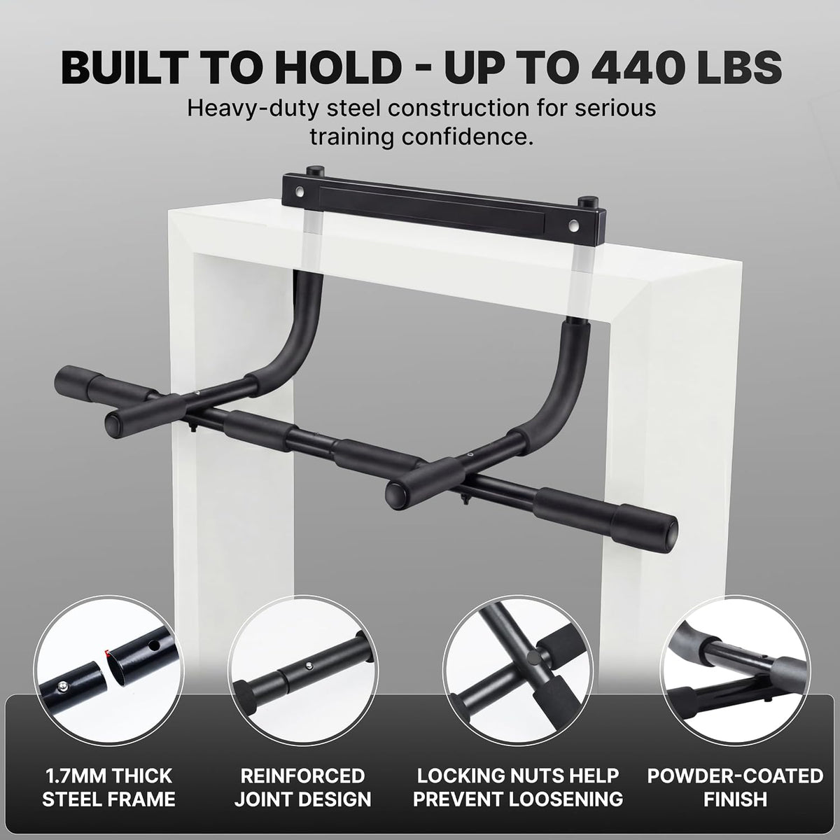 Pull up Bar for Doorway - No Screwing or Slipping, Hanging Pullup & Chin up Bar for Door Frame - Multi Padded Grips for Strength Training with Installation Guide