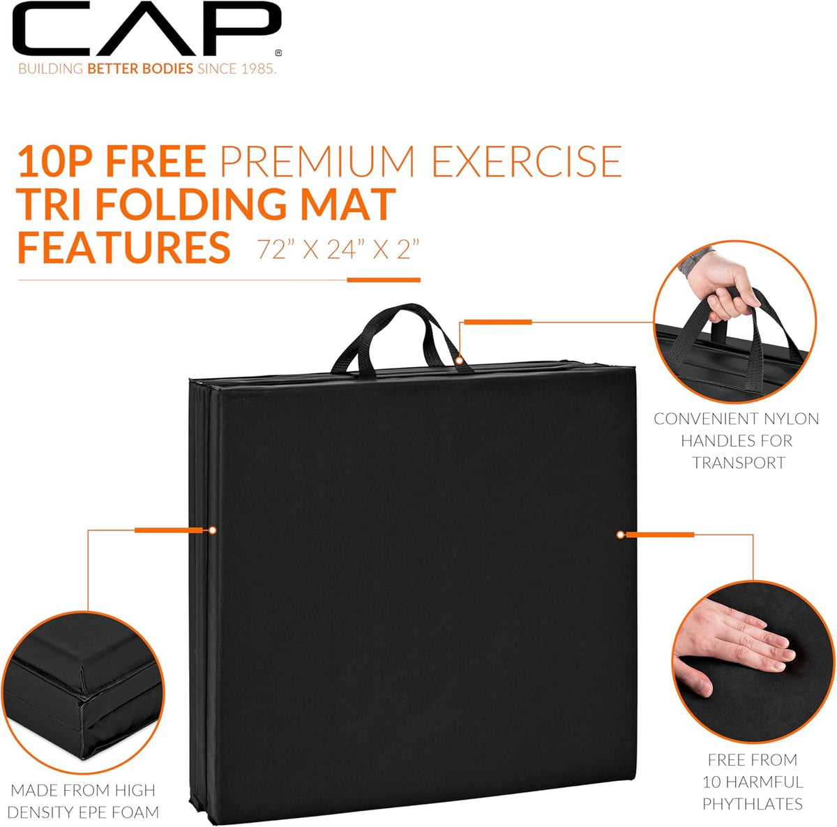 Barbell Folding Exercise Mat – Durable, Anti-Tear, Thick Padding for Fitness, Aerobics, Gymnastics & Home Workouts. 72"L X 24"W X 2"Thick. BLACK