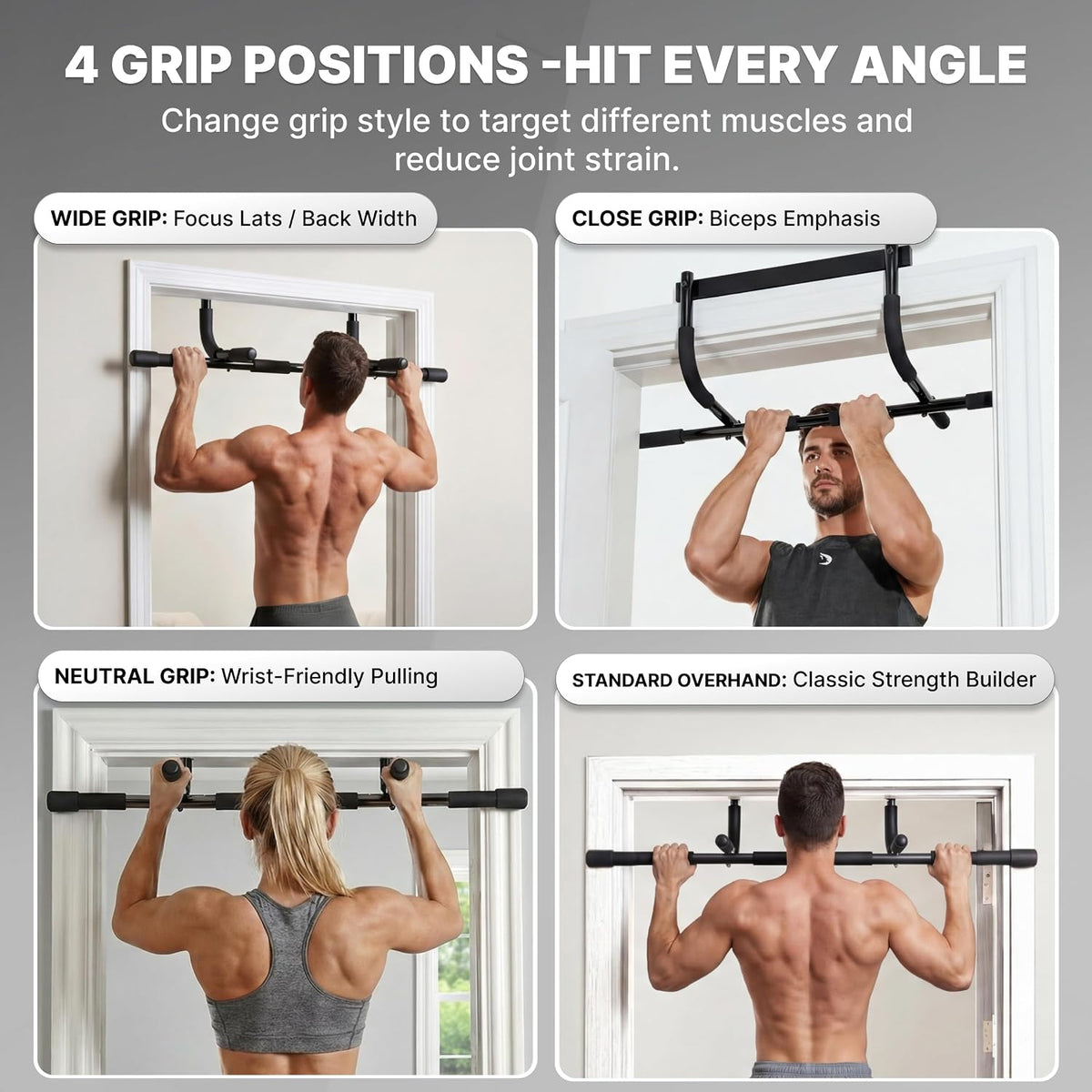 Pull up Bar for Doorway - No Screwing or Slipping, Hanging Pullup & Chin up Bar for Door Frame - Multi Padded Grips for Strength Training with Installation Guide
