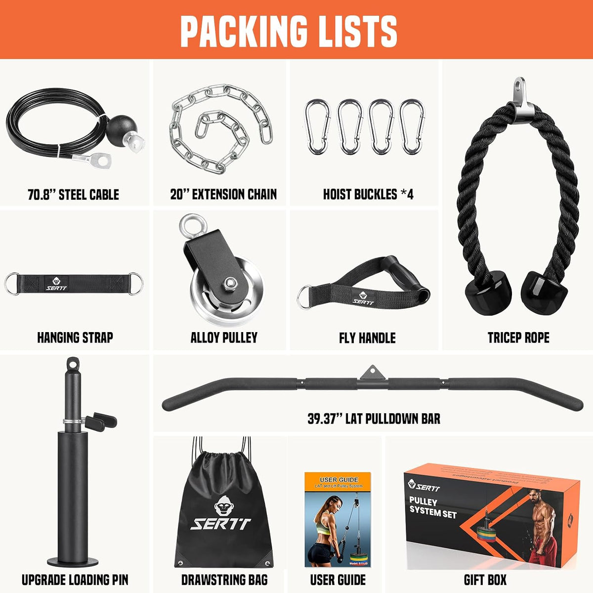 Cable Pulley System Gym, Power Rack Pulley Attachment with 2-In-1 LAT Pull down Bar and Upgraded Loading Pin,Used for Triceps Pulldown, Biceps, Back, Shoulder