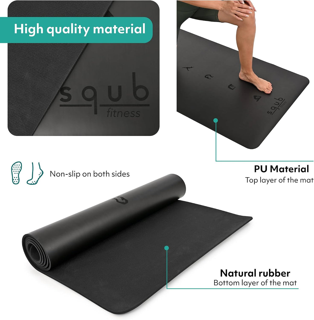 Yoga Mat Thick 5Mm – Non Slip Exercise Mat Workout Surface, PU Natural Rubber Grip, Extra Large 183X68 Cm Wide Design, Pilates Fitness Training, Includes Strap & Carry Bag