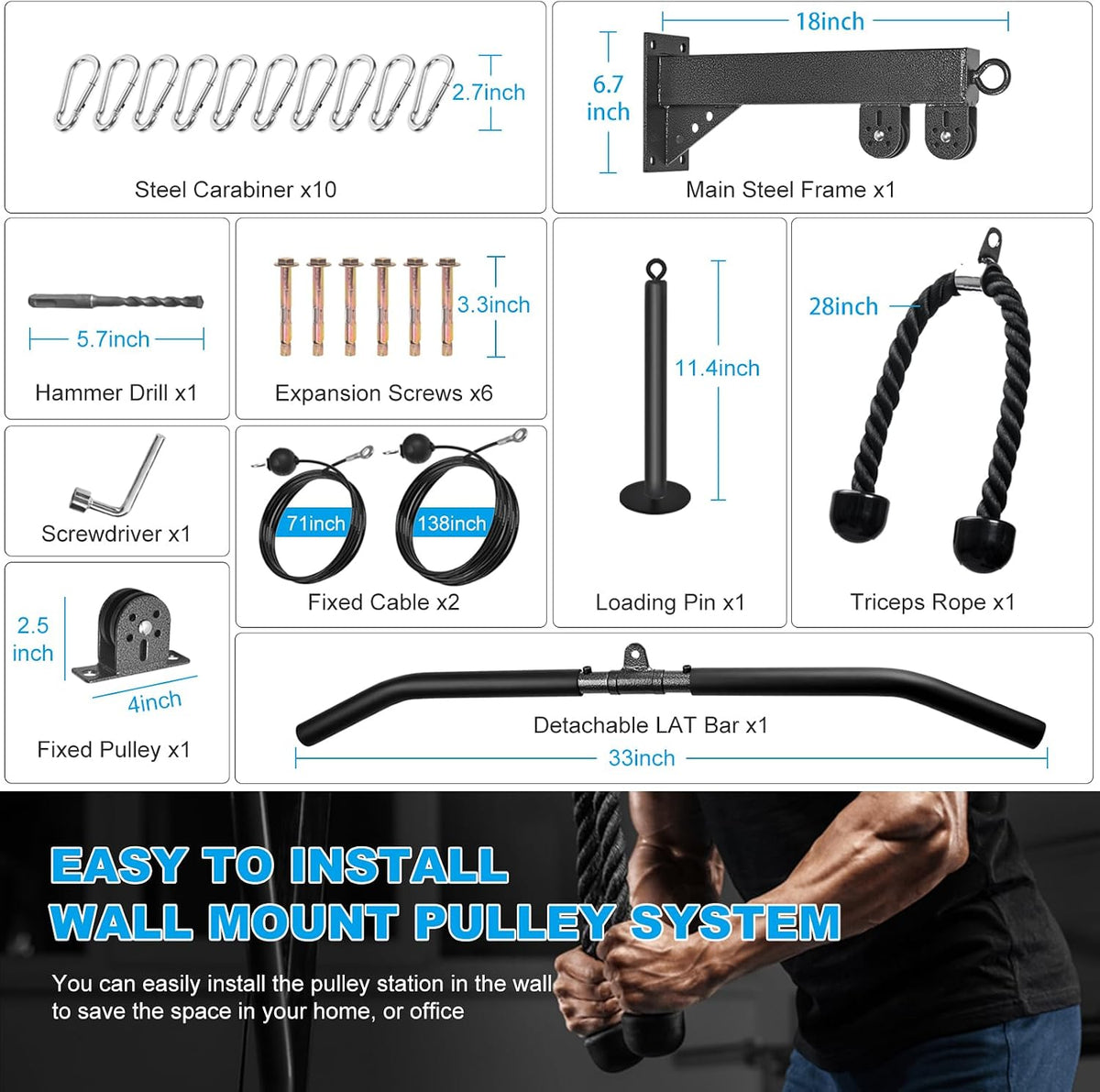 Wall Mounted Pulley System, Low Cable Machine Pulley System for LAT Pulldown, Biceps Curl Home Gym Equipment with Fitness Pull down Bar, Tricep Rope