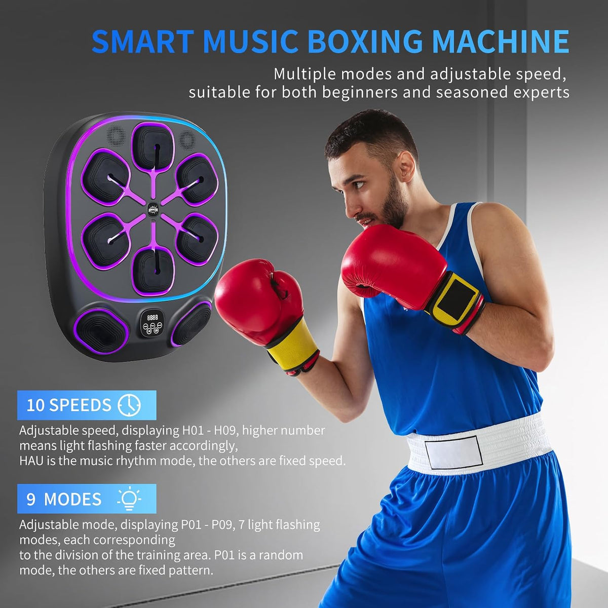 Music Boxing Machine for Adult: 6+2 Targets Music Punching Machine with Gloves Large Size Boxing Workout Target Equipment