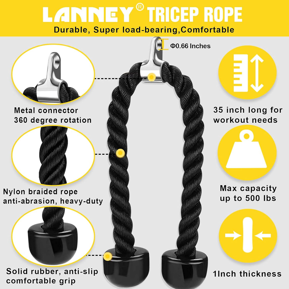 Tricep Rope Cable Machine Attachment, 35" Triceps Pull down Rope LAT Pulldown Attachments, Home Gym Accessories Set with Resistance Bands Handle, Ankle Straps, Carabiner, Wrist Wraps for Exercise