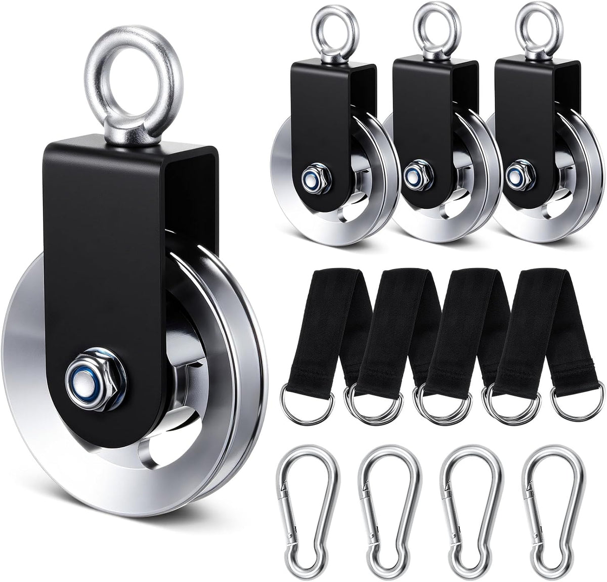 4 Pack Cable Pulley Wheel for Home Gym Pulley System Upgraded 90Mm Aluminium Alloy for Maximum 330Lbs Load 360° Rotation Snatch Block Wheel with Hanging Strap and Snap Hook